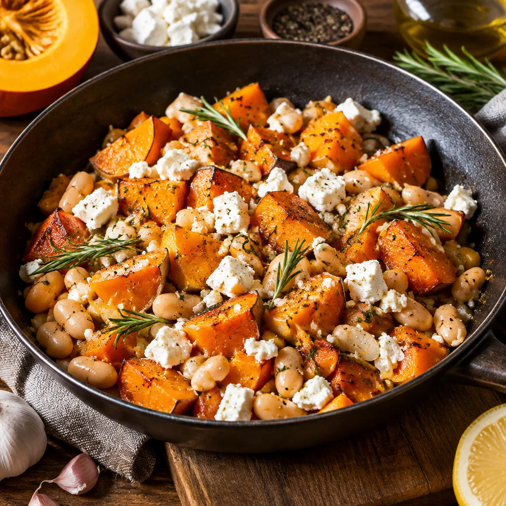 Kürbis-Bohnen-Pfanne mit Feta und Rosmarin