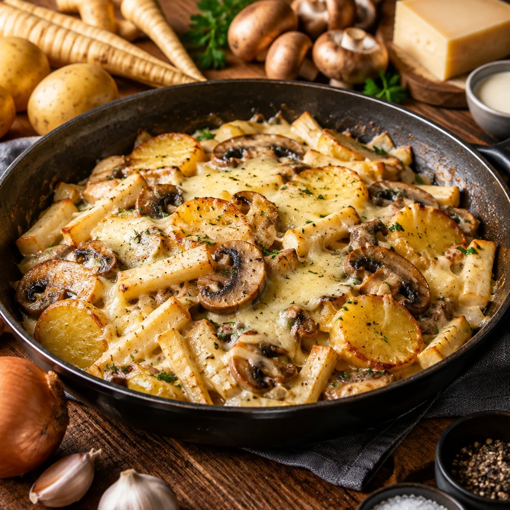 Schnelle Pastinaken-Kartoffel-Pfanne mit Bergkäse und Champignons