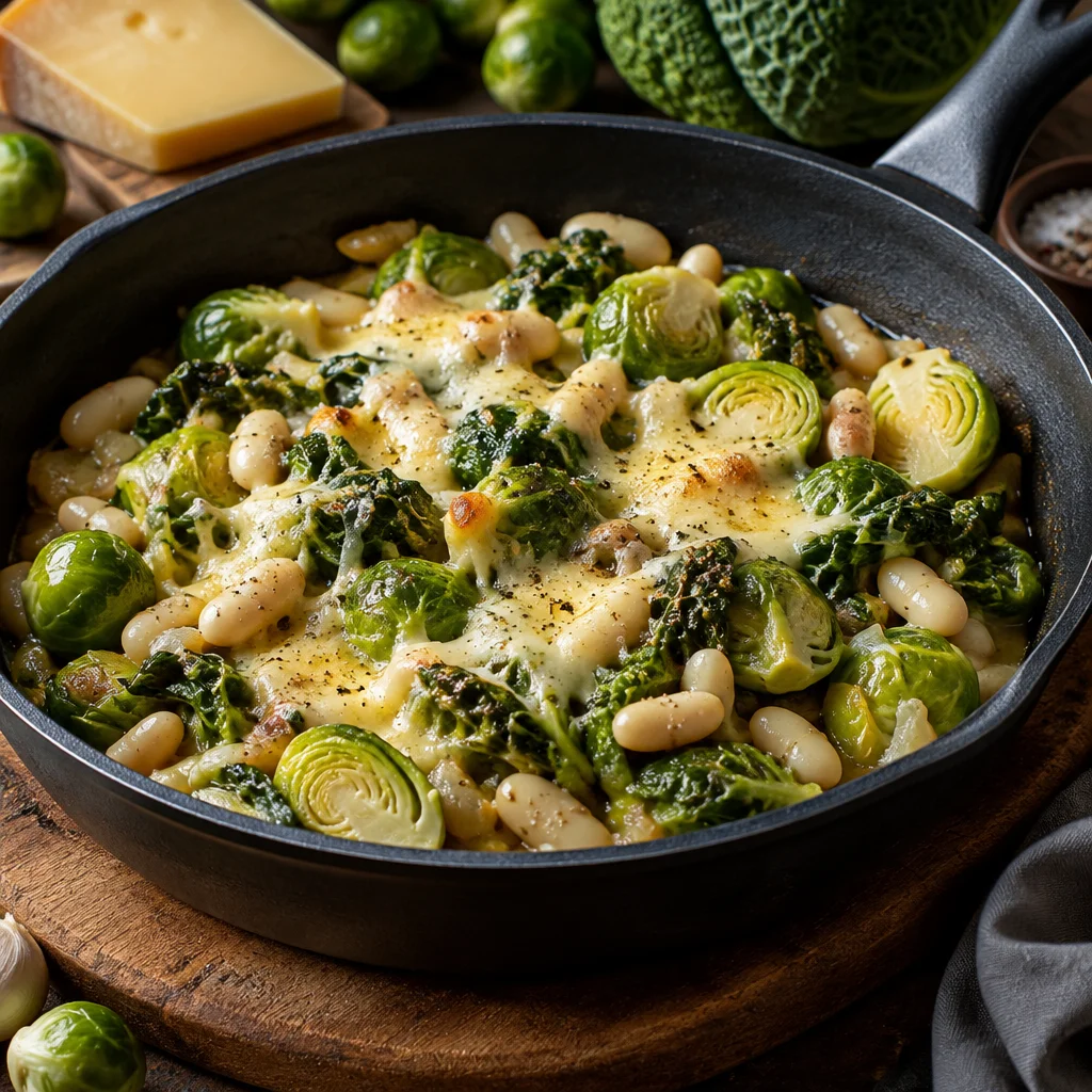 Rosenkohl-Wirsing-Pfanne mit weißen Bohnen und Bergkäse