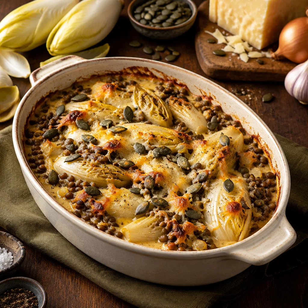 Chicorée-Linsen-Gratin mit Bergkäse und Kürbiskernen
